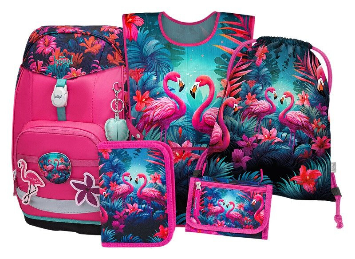 5 SET Airy Plus Flamingo: batoh, penál, sáček, zástěra, peněženka