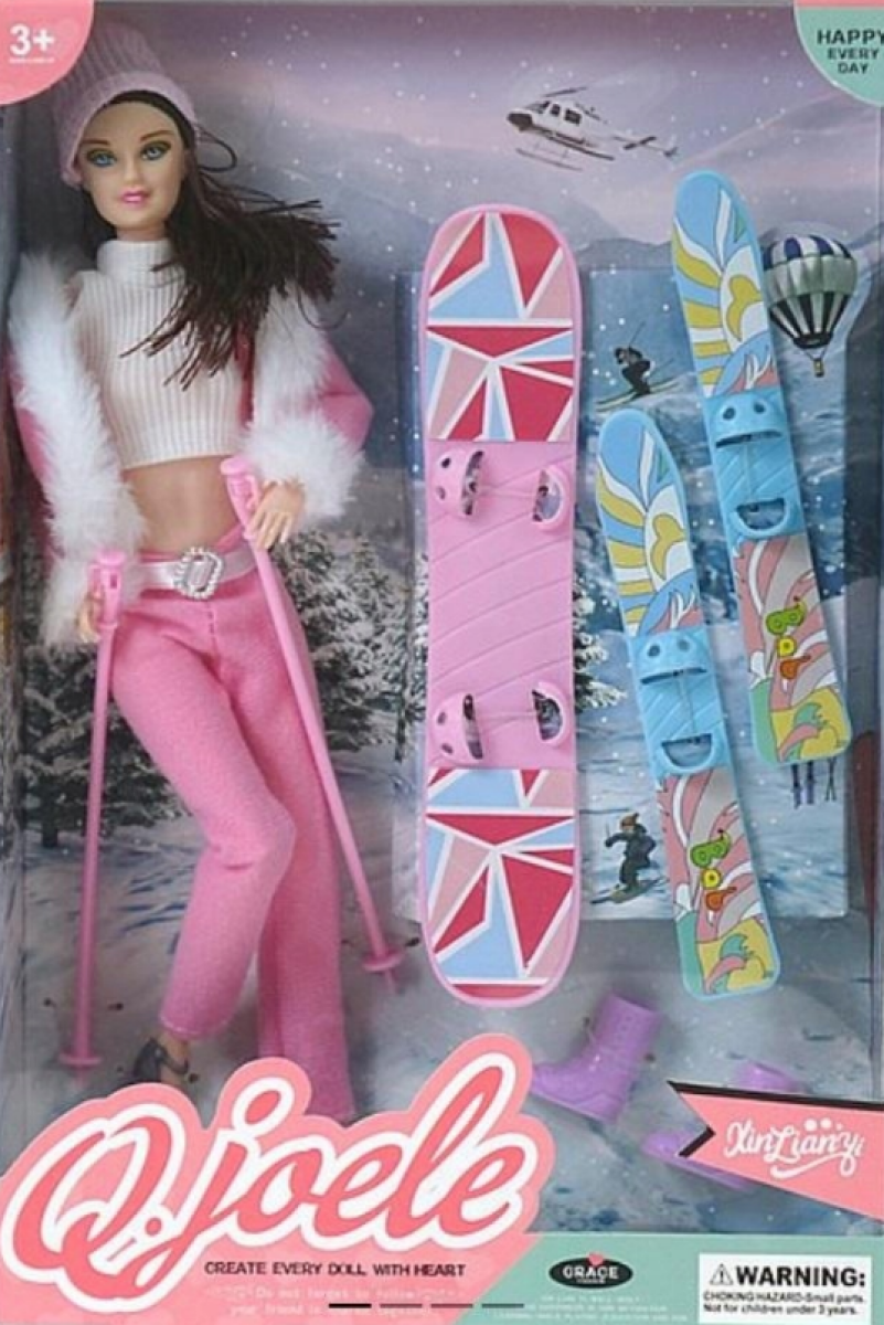 Panenka se snowboardem a lyžemi