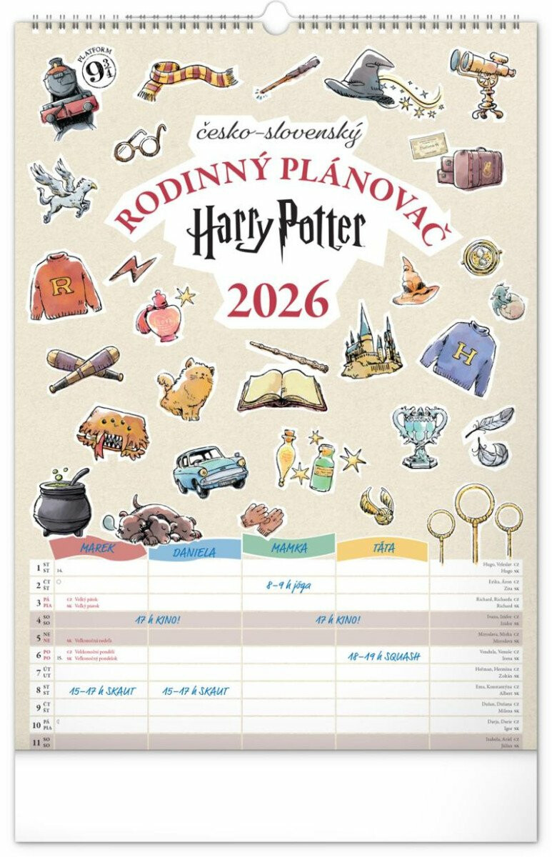 Rodinný plánovač Hary Potter 2026 - nástěnný kalendář