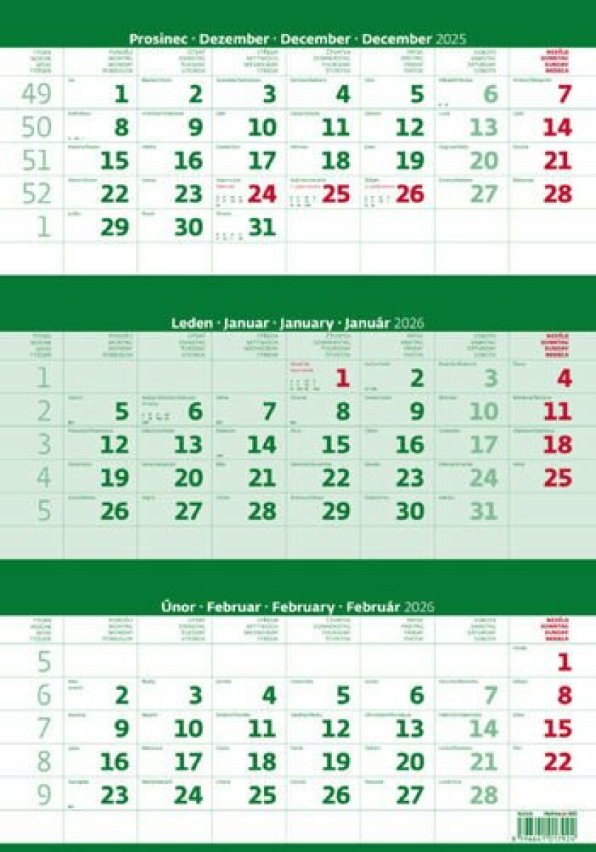 Kalendář nástěnný 2026 - Tříměsíční zelený