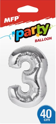 Balónek č. 3 nafukovací fóliový 40 cm - stříbrný - 