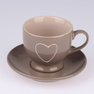 Porcelánový šálek se srdcem a podšálek - hnědý 200 ml (Defekt) - 