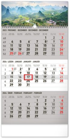 Kalendář 2024 nástěnný: 3měsíční Krajina šedý - s českými jmény, 29,5 × 43 cm - neuveden
