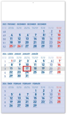 Nástěnný kalendář 3měsíční standard modrý - s českými jmény 2024 - neuveden