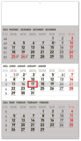 Nástěnný kalendář 3měsíční standard šedý - s českými jmény 2024 - neuveden