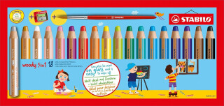 Pastelky STABILO woody 3in1, sada 18 ks v pouzdru s ořezávátkem a štětcem (poškozené) - neuveden