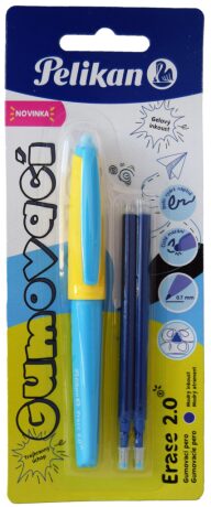 Gumovací pero žluto modré, 1 ks + 2 náplně - 