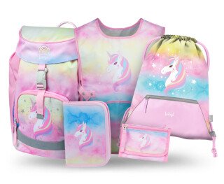 5 SET Airy Rainbow Unicorn: batoh, penál, sáček, zástěra, peněženka - 