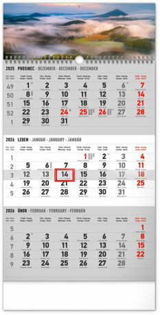 Nástěnný kalendář tříměsíční Krajina šedý - s českými jmény 2026 - neuveden