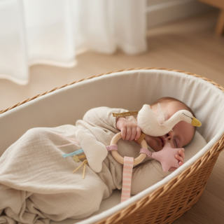 MOULIN ROTY Chrastítko s dřevěným kroužkem Swan - neuveden