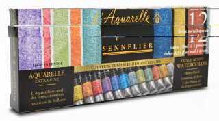 Sennelier L'Aquarelle Iridescent - mistrovská sada iridescentních akvarelových barev (12×10 ml) + štětec Raphael Precision 03 - 