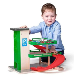 Woody Garáž s výtahem a SIKU autíčky, materiál dřevo/plast (poškozené) - neuveden